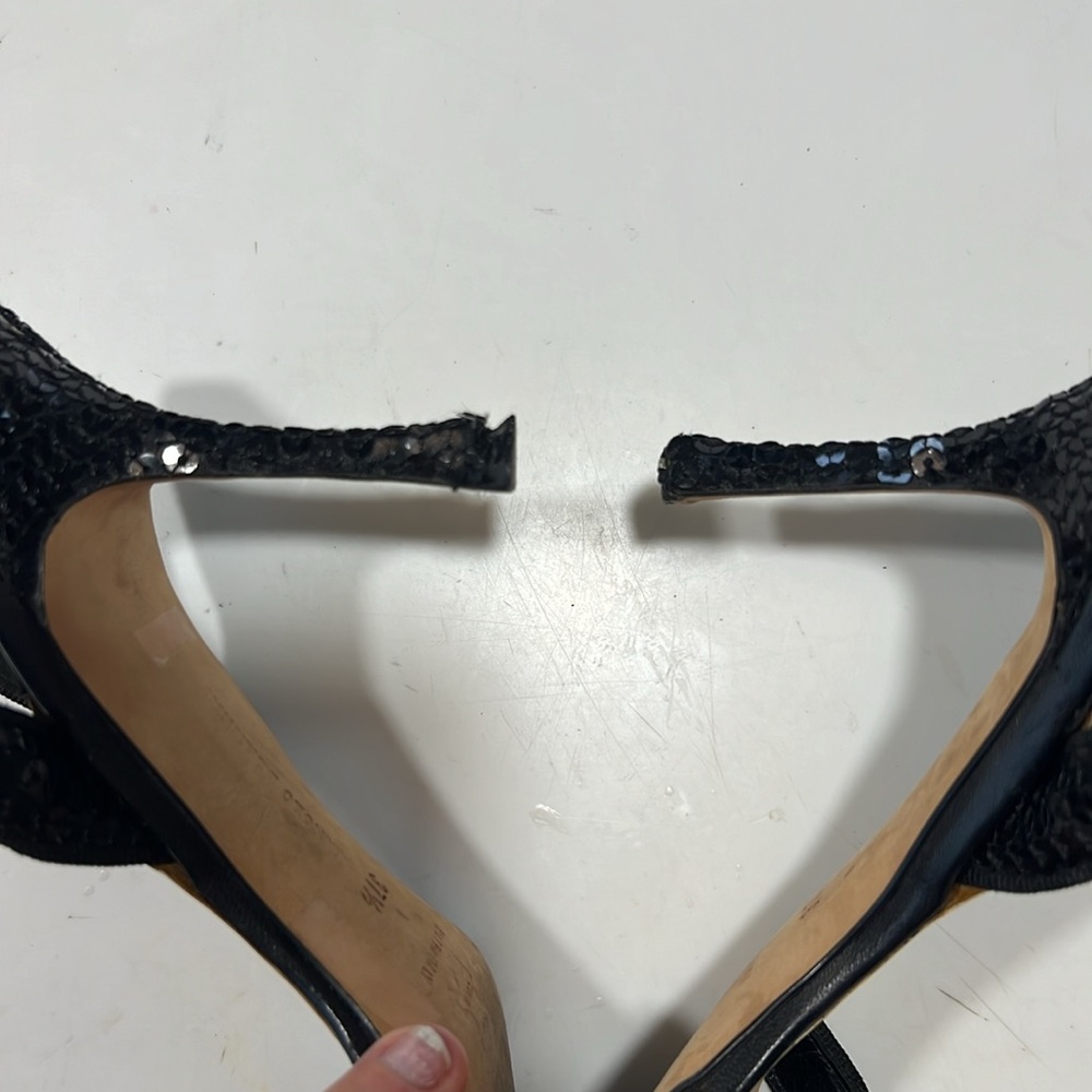Manolo Blahnik Black Sequin Kitten Heels Sandals Stiletto Sz 37.5 7.5 - Picture 7 of 8